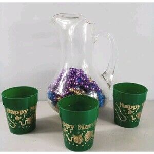 Clear Glass Pitcher Mardi Gras‎ Beads/3 Plastic Cups